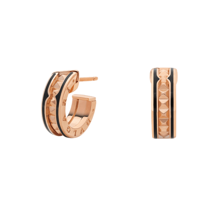 [Royal Top]ZERO 1 ROCK PINK GOLD EARRINGS WITH STUDDED SPIRAL AND BLACK CERAMIC