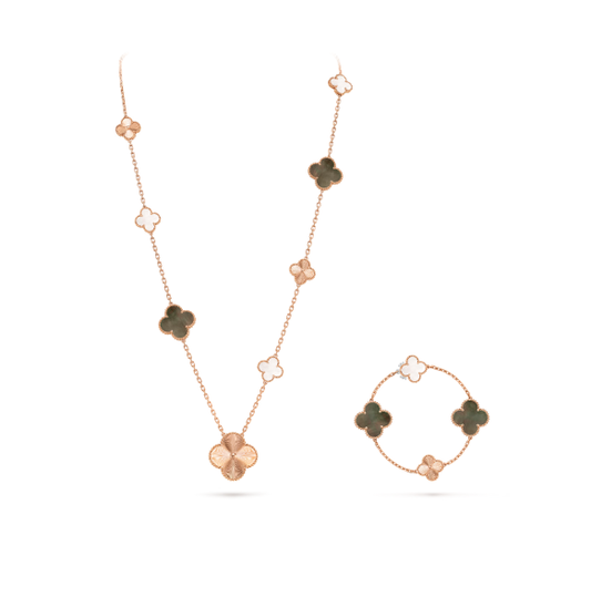 [Royal Top]DETACHABLE CLOVER 15(11+4) FLOWER SILVER NECKLACE SET