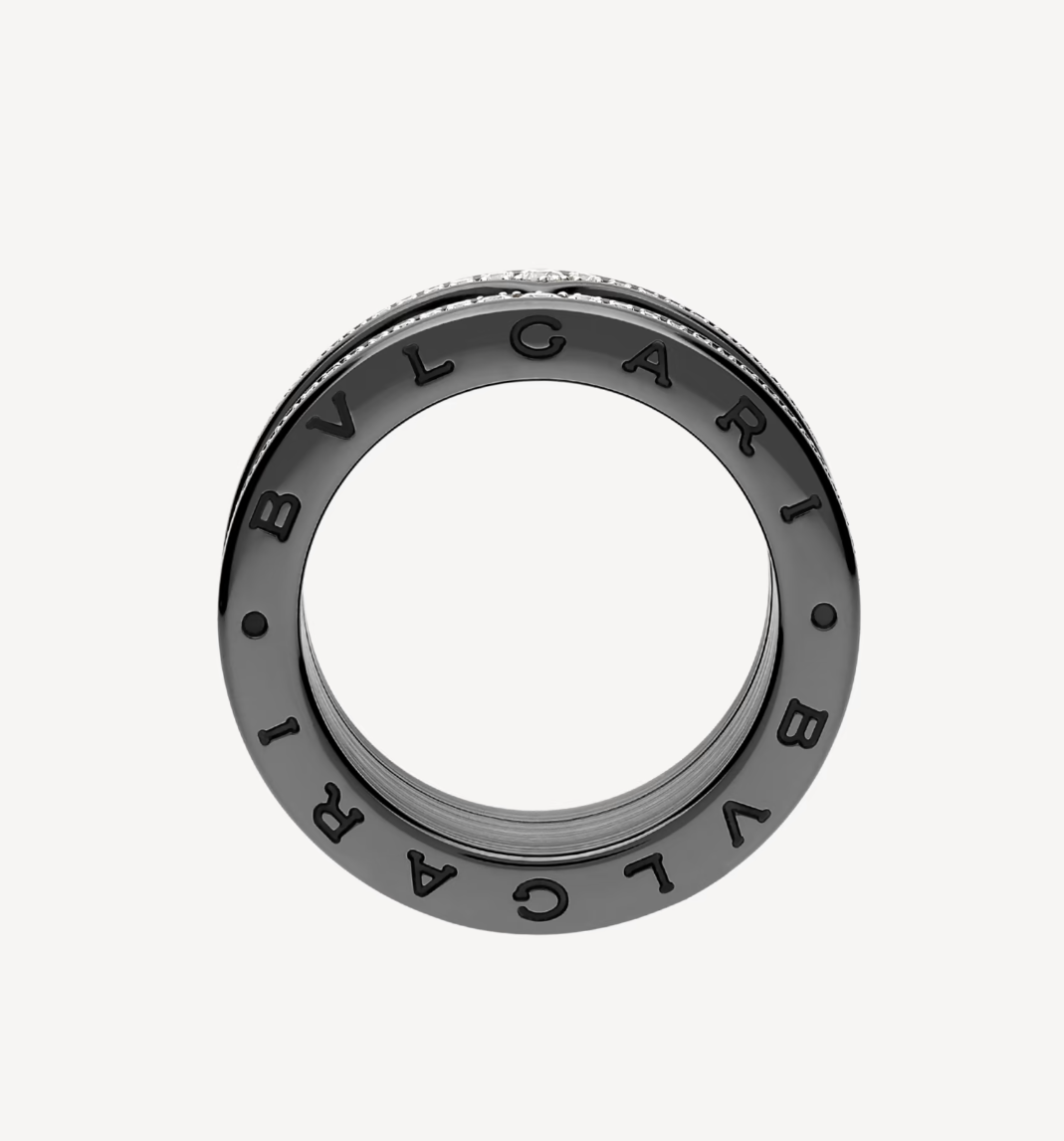 [Royal Top]ZERO 1 ROCK FOUR-BAND BLACK CERAMIC WITH STUDDED SPIRAL AND PAVED DIAMONDS RING