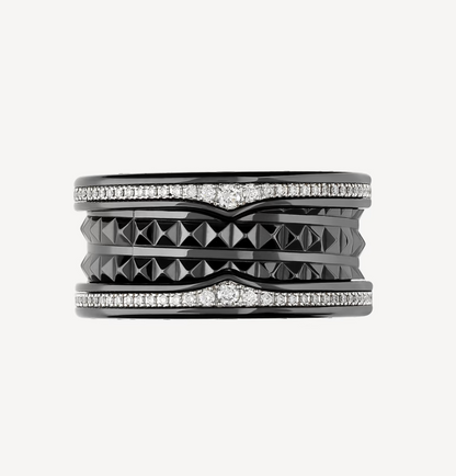 [Royal Top]ZERO 1 ROCK FOUR-BAND BLACK CERAMIC WITH STUDDED SPIRAL AND PAVED DIAMONDS RING