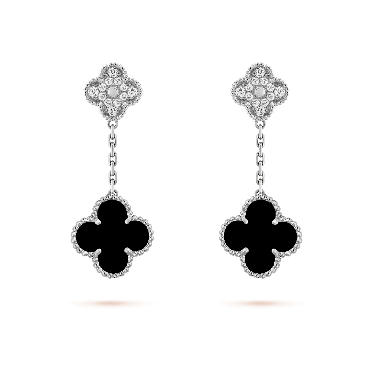 [Royal Top]CLOVER 2 MOTIFS  DIAMOND ONYX EARRINGS SILVER