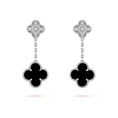 [Royal Top]CLOVER 2 MOTIFS  DIAMOND ONYX EARRINGS SILVER