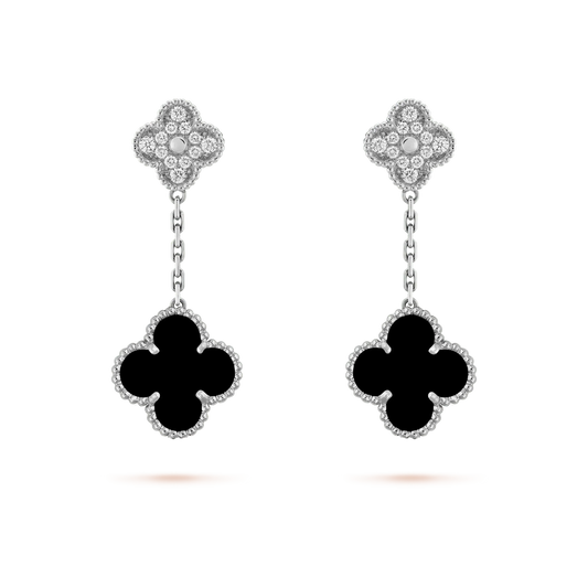 [Royal Top]CLOVER 2 MOTIFS  DIAMOND ONYX EARRINGS SILVER
