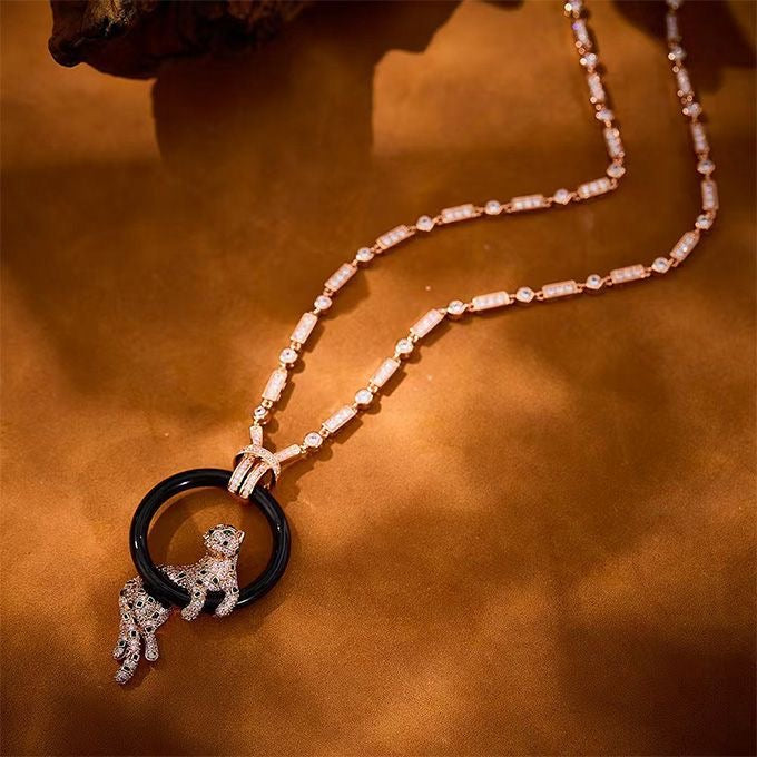 [Royal Top jewelrys]NEW BLACK CIRCLE PANTHER FULL DIAMOND NECKLACE