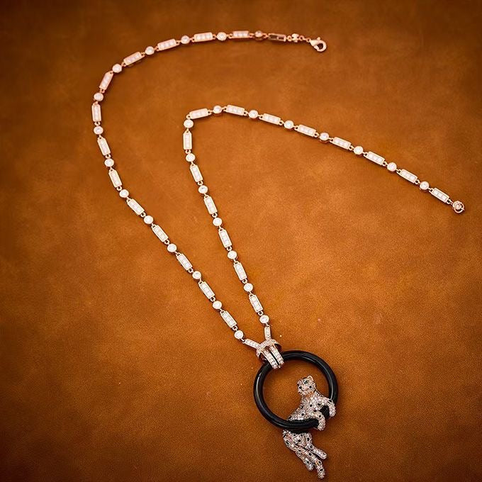 [Royal Top jewelrys]NEW BLACK CIRCLE PANTHER FULL DIAMOND NECKLACE