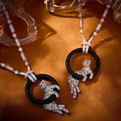 [Royal Top jewelrys]NEW BLACK CIRCLE PANTHER FULL DIAMOND NECKLACE