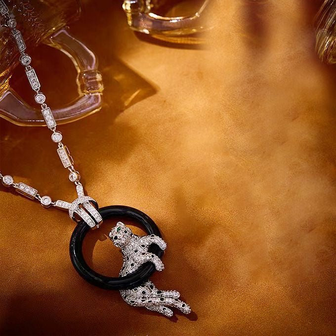 [Royal Top jewelrys]NEW BLACK CIRCLE PANTHER FULL DIAMOND NECKLACE