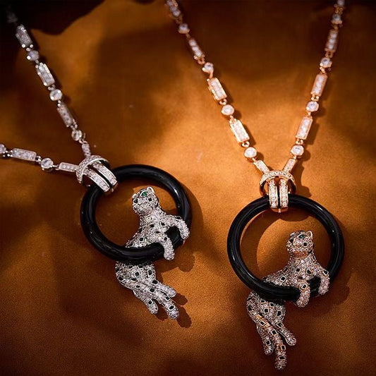 [Royal Top jewelrys]NEW BLACK CIRCLE PANTHER FULL DIAMOND NECKLACE