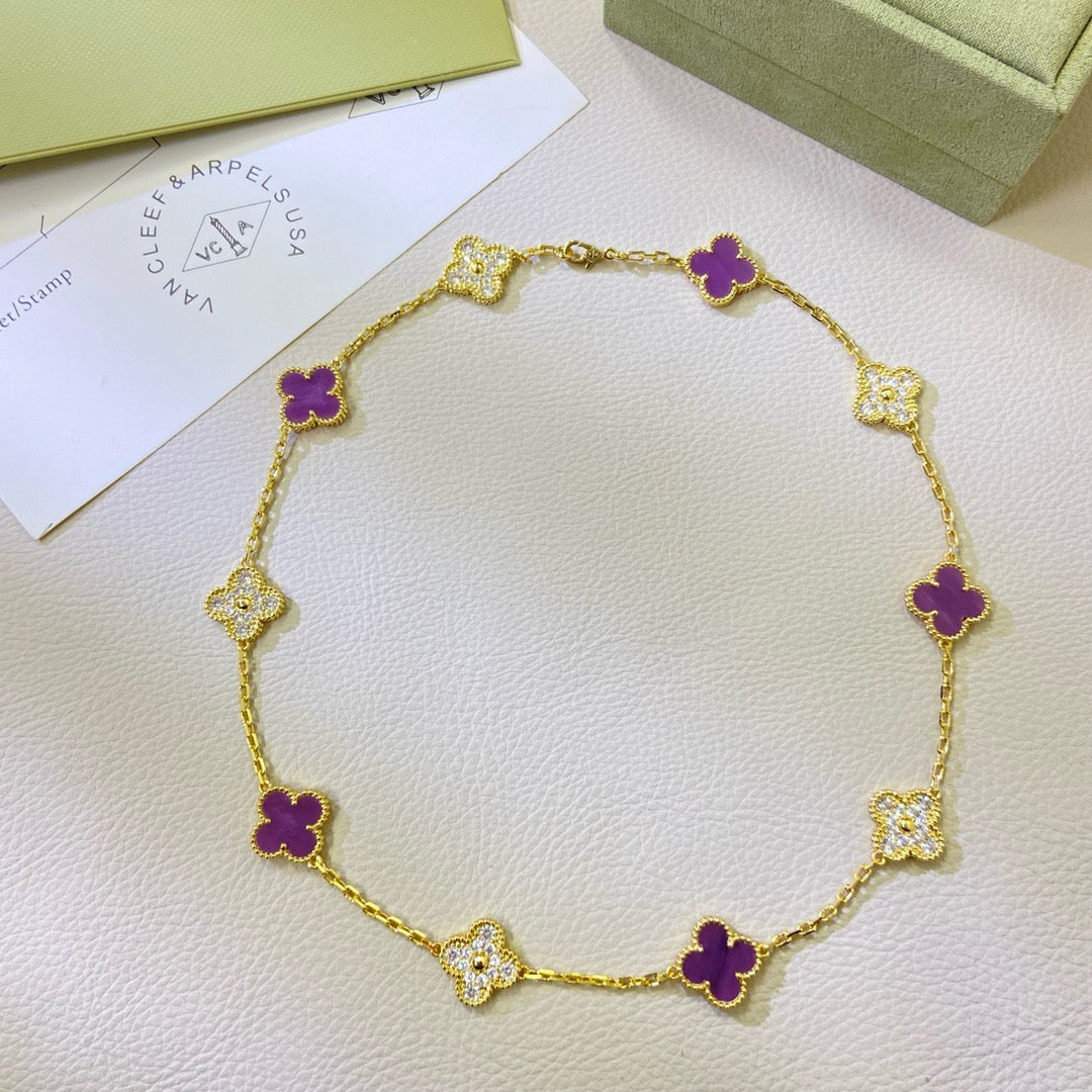 [Royal Top Jewelry]CLOVER 10 MOTIFS  PURPLE VIOLET DIAMOND NECKLACE