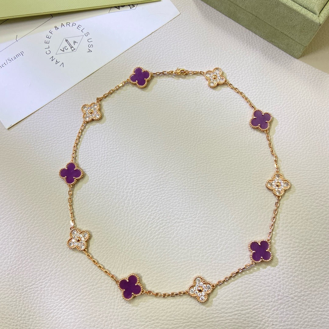 [Royal Top Jewelry]CLOVER 10 MOTIFS  PURPLE VIOLET DIAMOND NECKLACE