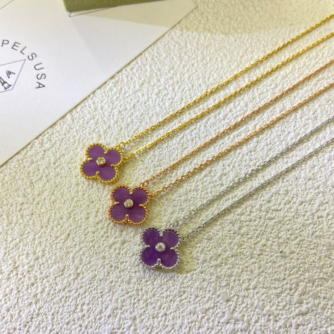 [Royal Top Jewelry]CLOVER 15MM DIAMOND  PURPLE VIOLET NECKLACE