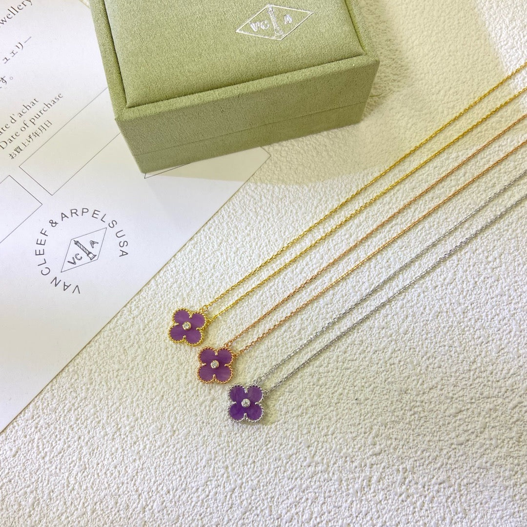 [Royal Top Jewelry]CLOVER 15MM DIAMOND  PURPLE VIOLET NECKLACE