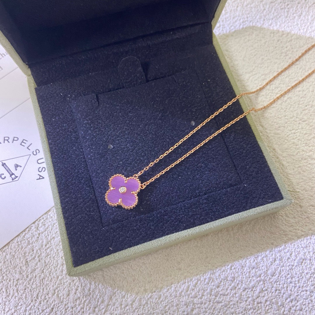[Royal Top Jewelry]CLOVER 15MM DIAMOND  PURPLE VIOLET NECKLACE