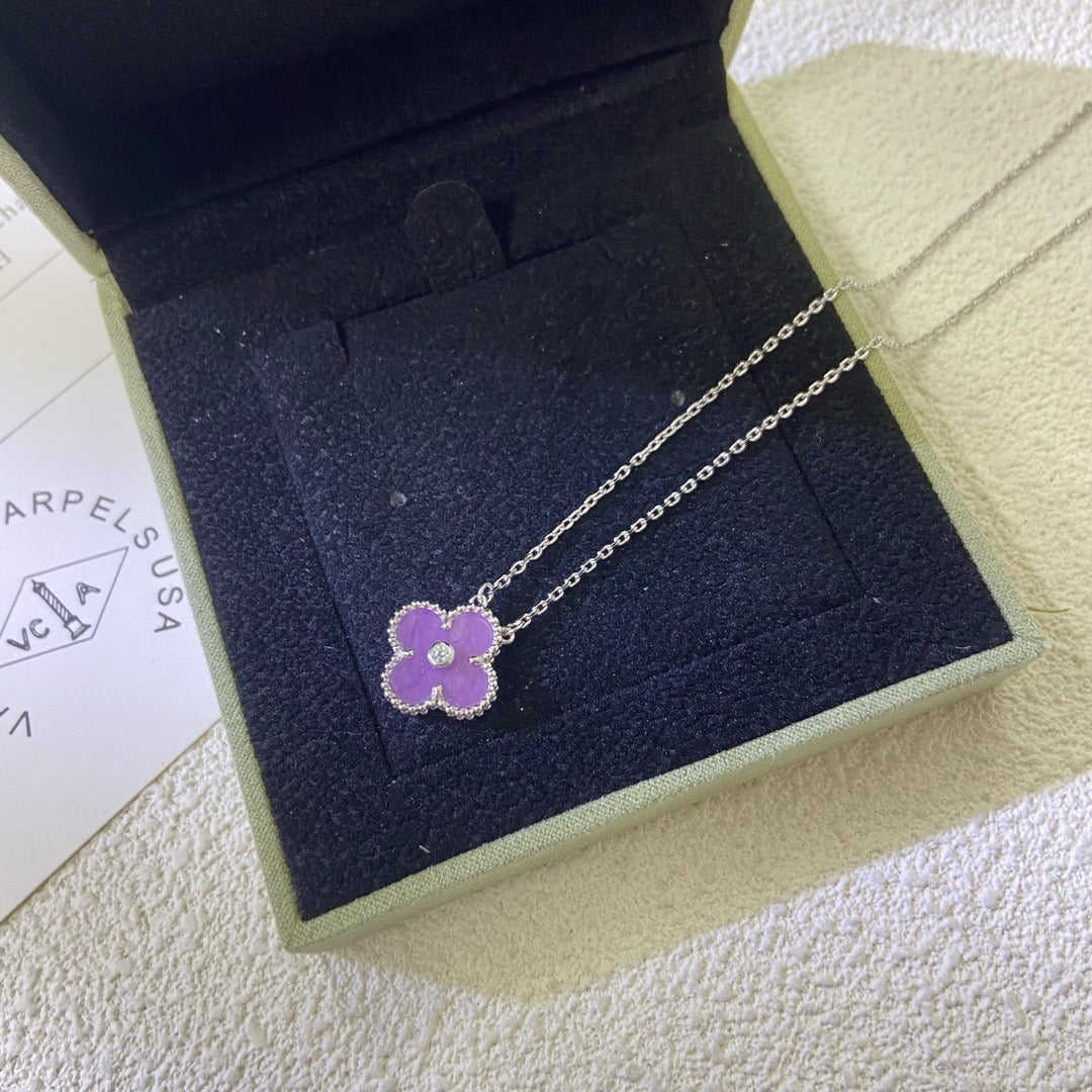 [Royal Top Jewelry]CLOVER 15MM DIAMOND  PURPLE VIOLET NECKLACE