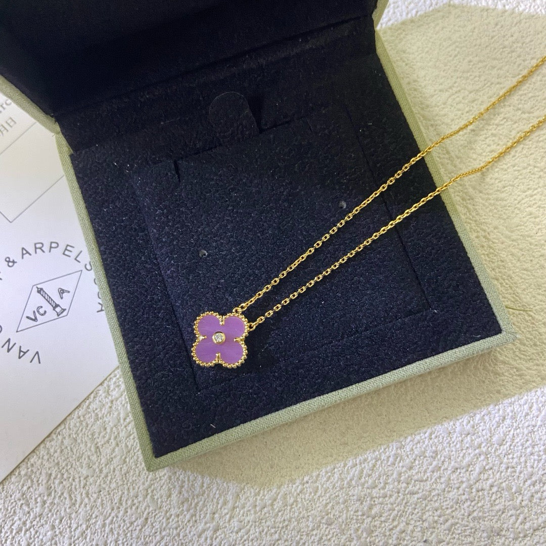 [Royal Top Jewelry]CLOVER 15MM DIAMOND  PURPLE VIOLET NECKLACE