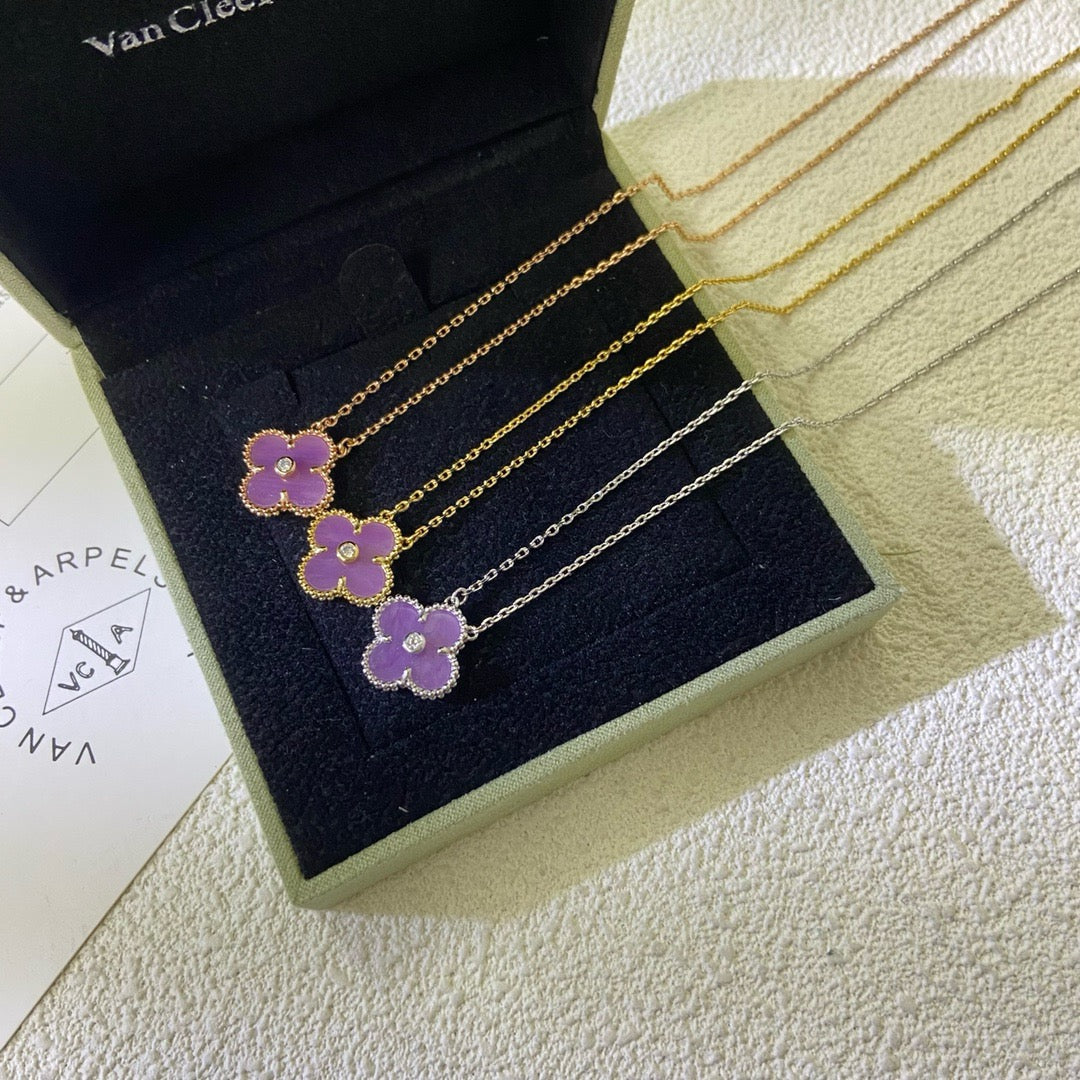 [Royal Top Jewelry]CLOVER 15MM DIAMOND  PURPLE VIOLET NECKLACE