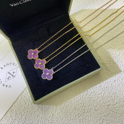 [Royal Top Jewelry]CLOVER 15MM DIAMOND  PURPLE VIOLET NECKLACE