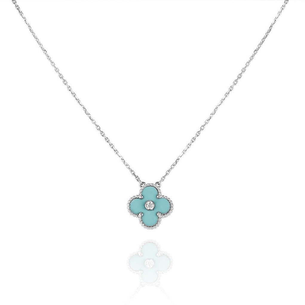 [Royal Top]CLOVER 1 DIAMOND LIGHT BLUE SILVER NECKLACE