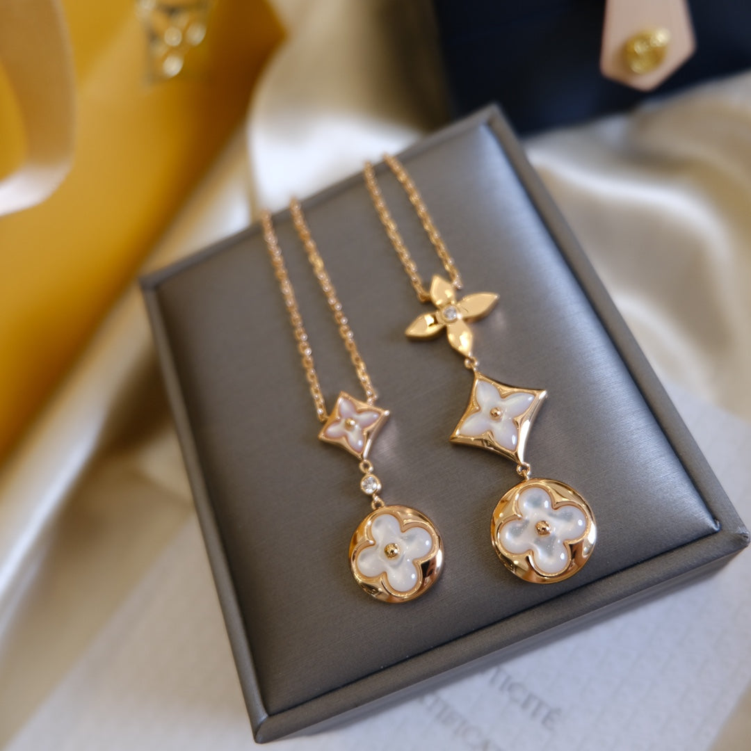 [Royal Top]COLOR BLOSSOM LARIAT NECKLACE PINK GOLD WHITE MOTHER PEARL AND DIAMOND