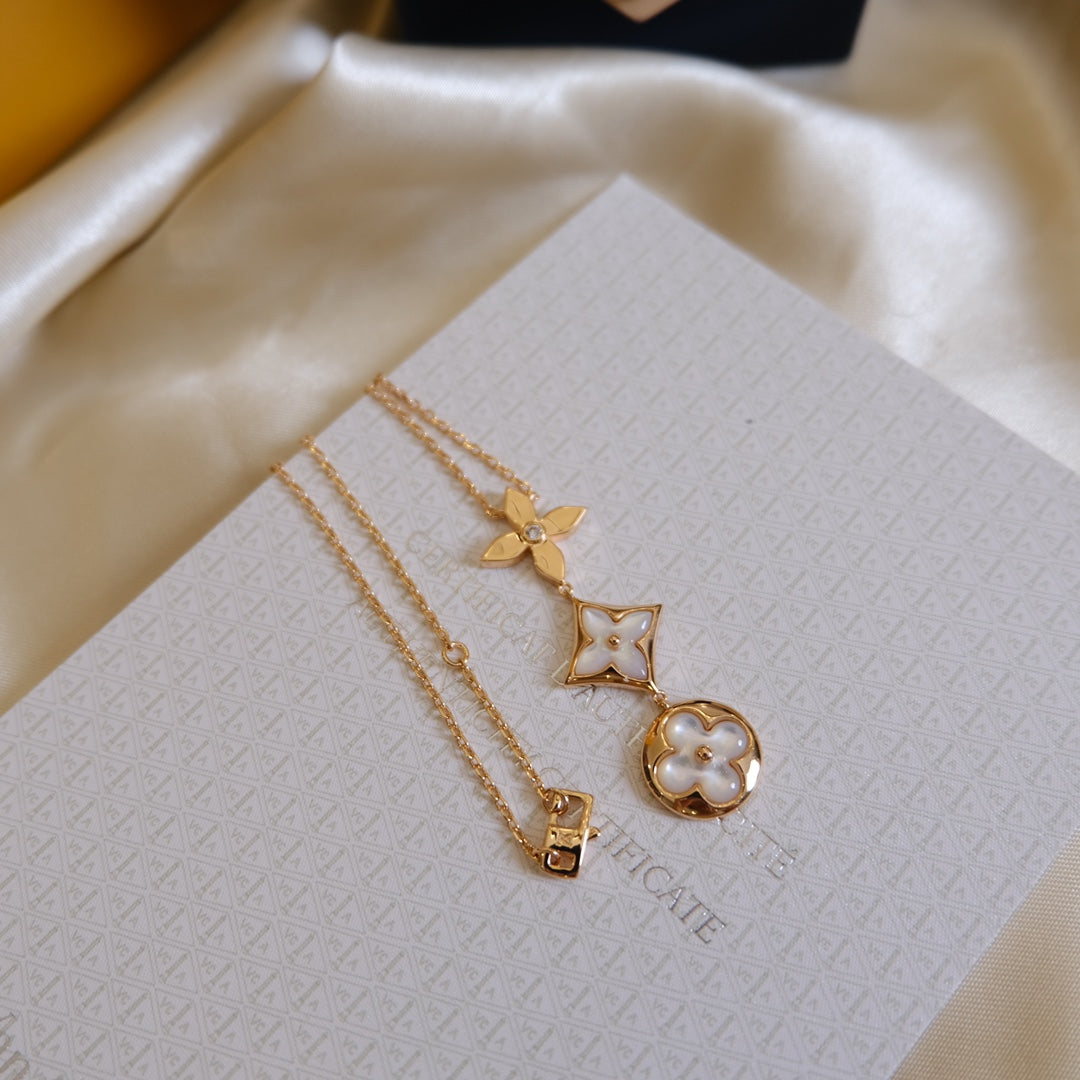 [Royal Top]COLOR BLOSSOM LARIAT NECKLACE PINK GOLD WHITE MOTHER PEARL AND DIAMOND