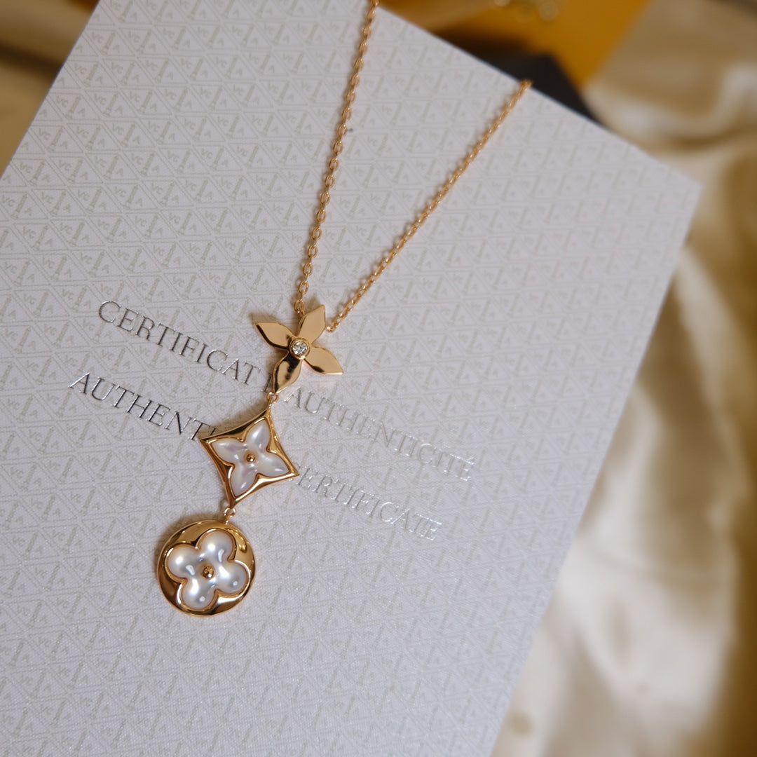 [Royal Top]COLOR BLOSSOM LARIAT NECKLACE PINK GOLD WHITE MOTHER PEARL AND DIAMOND