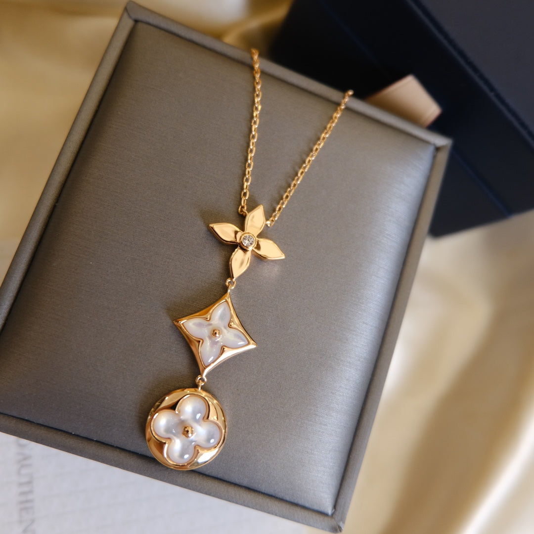 [Royal Top]COLOR BLOSSOM LARIAT NECKLACE PINK GOLD WHITE MOTHER PEARL AND DIAMOND