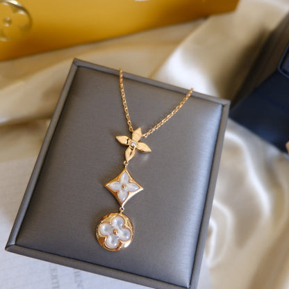 [Royal Top]COLOR BLOSSOM LARIAT NECKLACE PINK GOLD WHITE MOTHER PEARL AND DIAMOND