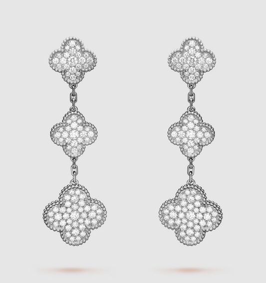 [Royal Top]CLOVER 3 MOTIF DIAMOND SILVER DROP EARRINGS