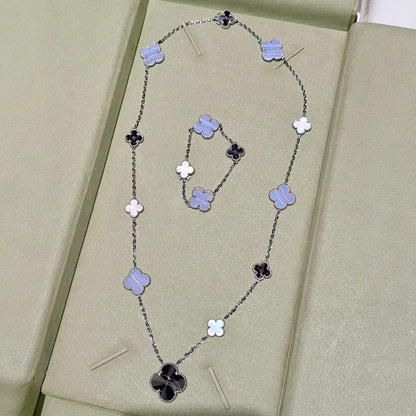 [Royal Top]DETACHABLE CLOVER 15(11+4) FLOWER SILVER NECKLACE SET