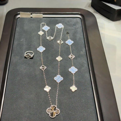 [Royal Top]DETACHABLE CLOVER 15(11+4) FLOWER SILVER NECKLACE SET