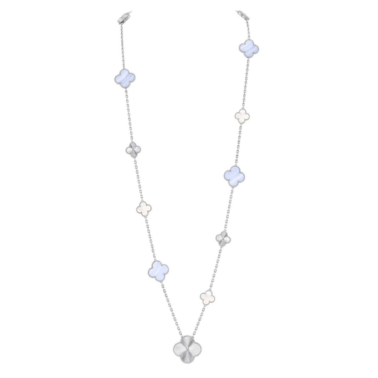 [Royal Top]DETACHABLE CLOVER 15(11+4) FLOWER SILVER NECKLACE SET