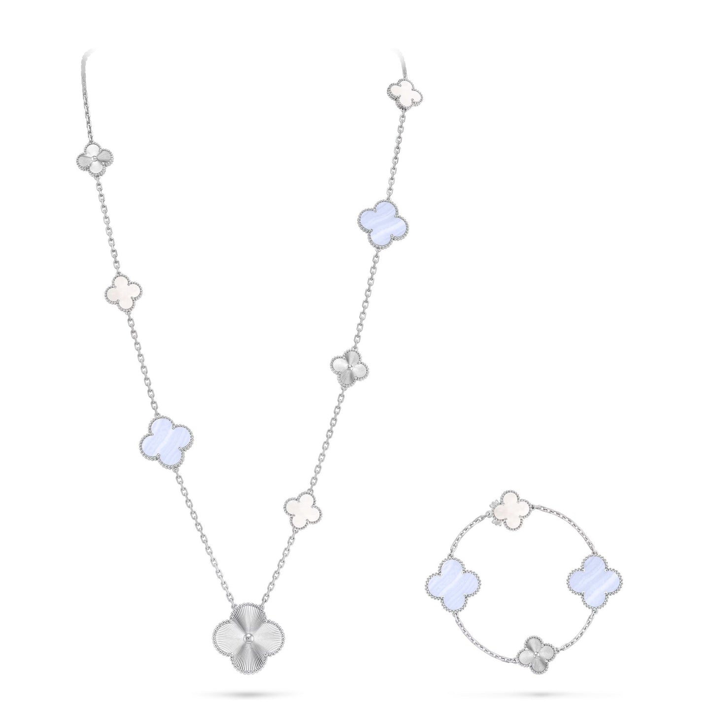[Royal Top]DETACHABLE CLOVER 15(11+4) FLOWER SILVER NECKLACE SET