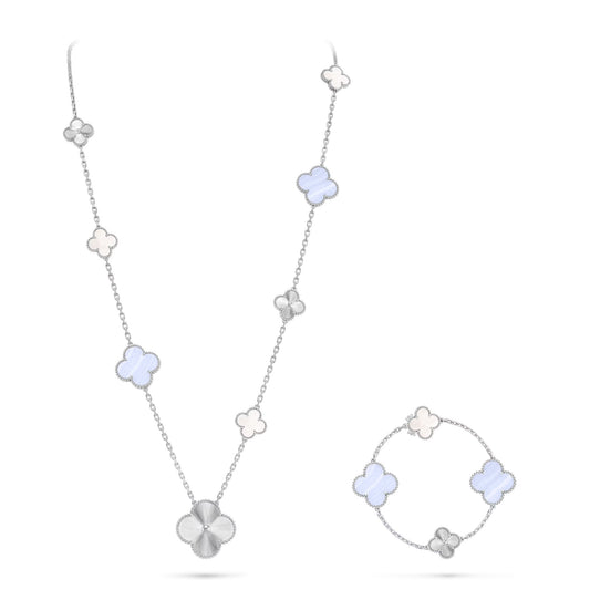 [Royal Top]DETACHABLE CLOVER 15(11+4) FLOWER SILVER NECKLACE SET
