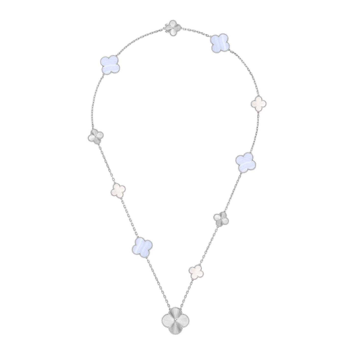 [Royal Top]DETACHABLE CLOVER 15(11+4) FLOWER SILVER NECKLACE SET
