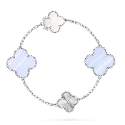 [Royal Top]DETACHABLE CLOVER 15(11+4) FLOWER SILVER NECKLACE SET