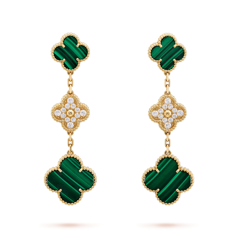[Royal Top]CLOVER EARRINGS GOLD MALACHITE DIAMOND 3 MOTIF