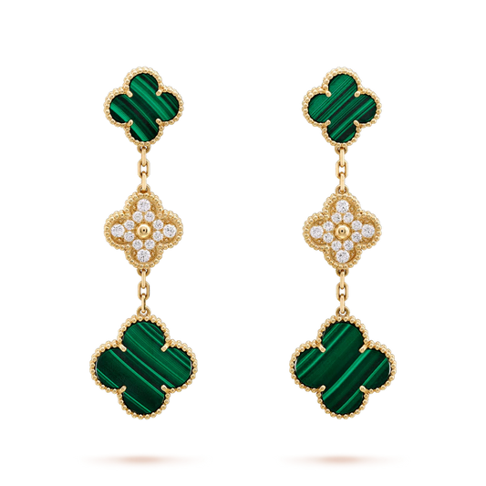 [Royal Top]CLOVER EARRINGS GOLD MALACHITE DIAMOND 3 MOTIF