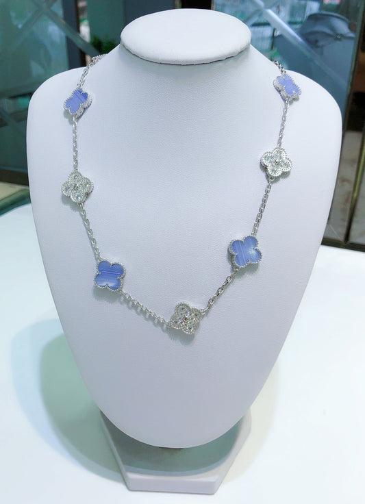 [Royal Top]CLOVER 10 MOTIFS CHALCEDONY DIAMONDS SILVER NECKLACE