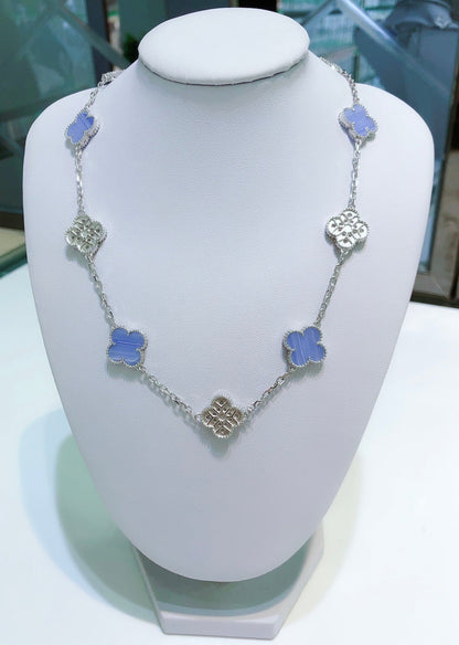 [Royal Top]CLOVER 10 MOTIFS CHALCEDONY DIAMONDS SILVER NECKLACE