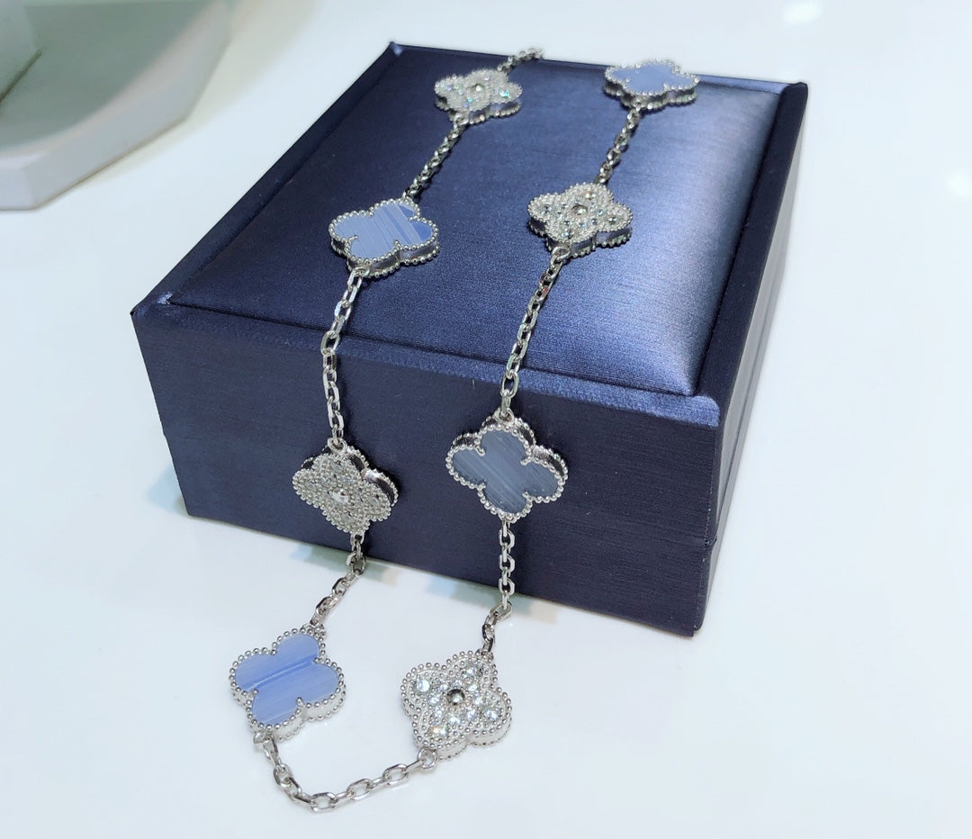 [Royal Top]CLOVER 10 MOTIFS CHALCEDONY DIAMONDS SILVER NECKLACE