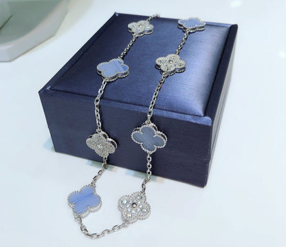 [Royal Top]CLOVER 10 MOTIFS CHALCEDONY DIAMONDS SILVER NECKLACE