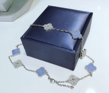 [Royal Top]CLOVER 10 MOTIFS CHALCEDONY DIAMONDS SILVER NECKLACE
