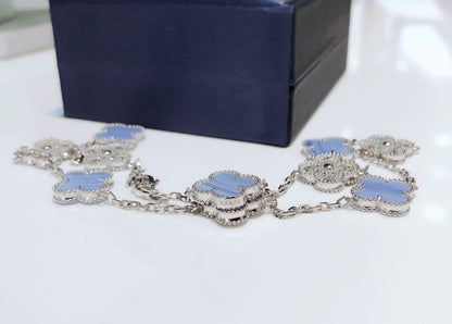 [Royal Top]CLOVER 10 MOTIFS CHALCEDONY DIAMONDS SILVER NECKLACE